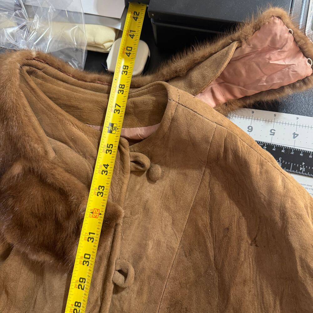 Vintage Brown Suede Coat with Dark Mink Fur Collar XS–S - Picture 11 of 16